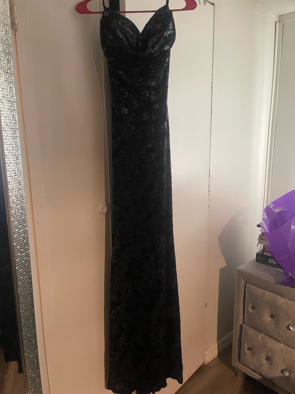 Windsor Black Floral Velvet Maxi Dress with Cowl Neck